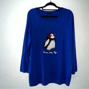 Talbots Blue Lambswool Blend Penguin Warm Me Up Crewneck Sweater Women’s Plus 1X